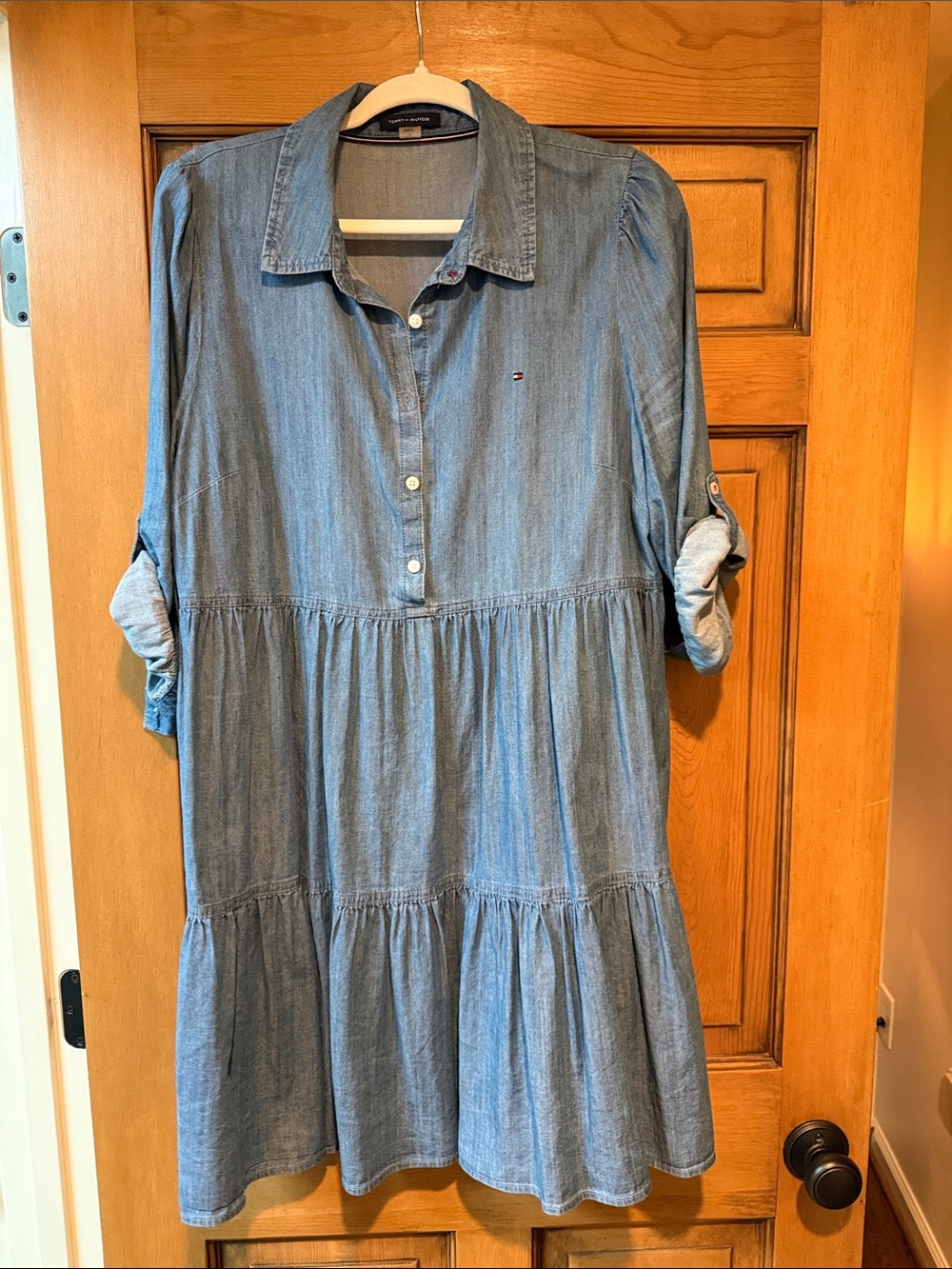 Chambray Tiered Shirt Dress in Light Blue